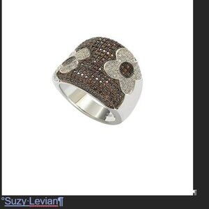 Suzy Levian Brown & White CZ Sterling Silver Floral Pavé-Set Ring - Size 6